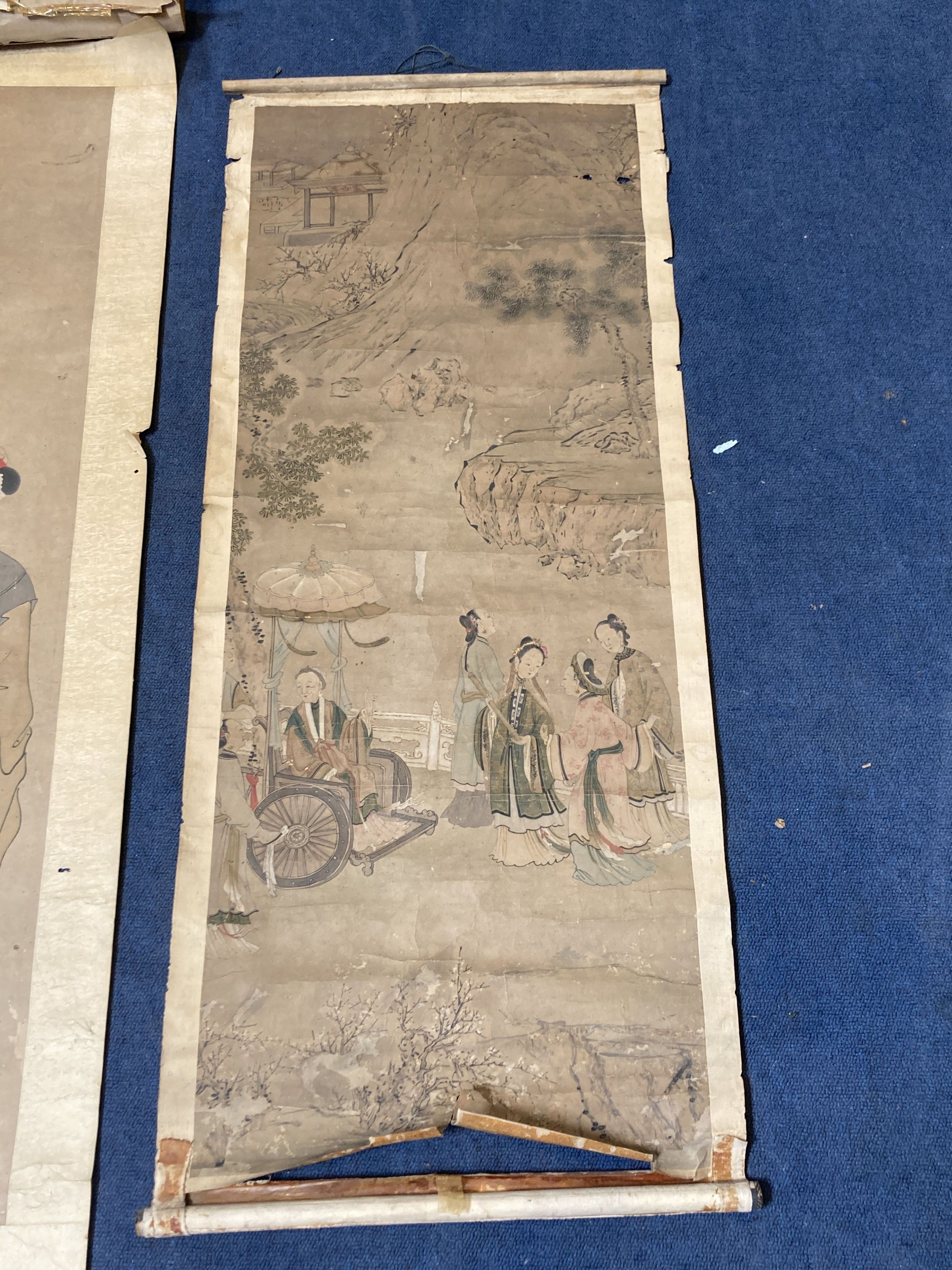 Two Chinese scroll painting on paper of beautiful ladies, late Qing dynasty, image 105 x 47cm and 100 x 38cm some damage